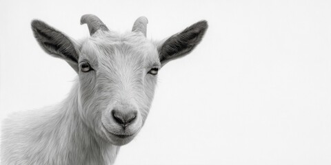 Fototapeta premium Portrait of a white goat with curved horns on a white background