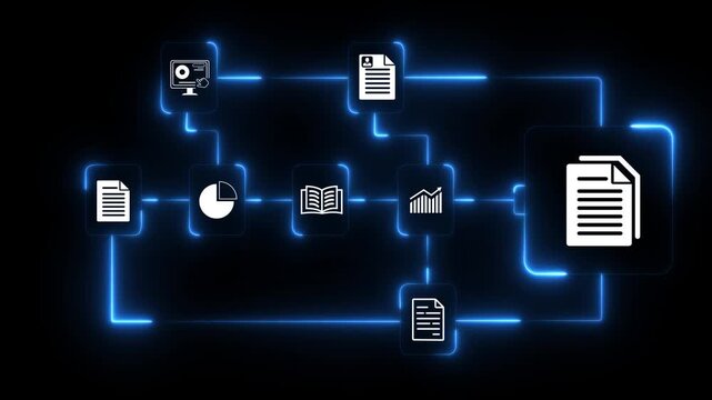 Businesswoman working on virtual screen animation. Online documentation database, IT consultant being set up Virtual Document Management System with a laptop, document icon symbol