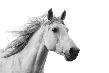 Vibrant white horse with flowing mane against clean white background
