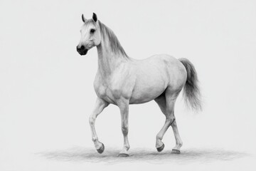 Graceful white horse in motion drawing on white background