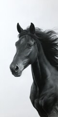 Fototapeta premium Majestic black horse portrait with flowing mane on light background