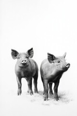 Fototapeta premium Two young pigs standing on grass in black and white illustration