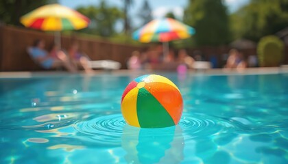 Colorful ball floats in pool water. People relax in blurred background. Summer vacation at poolside leisure. Family enjoys holiday fun. Sunshine reflects on water surface.