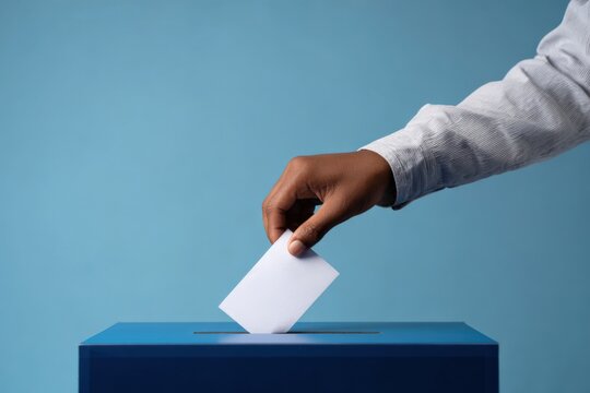 African male adult casting vote in election with blue background