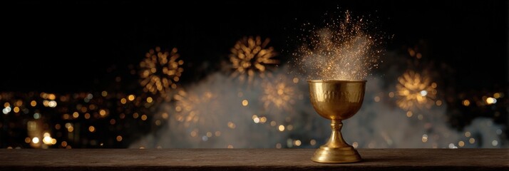 Golden chalice with sparkles and fireworks in night cityscape