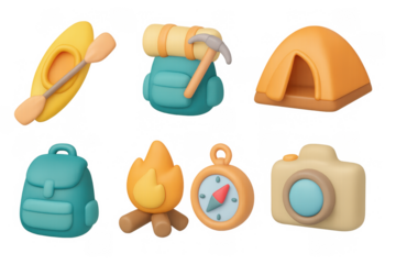 3d camping icons set: adventure gear, tent, kayak, compass, backpack, campfire