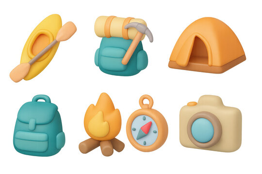 3d camping icons set: adventure gear, tent, kayak, compass, backpack, campfire