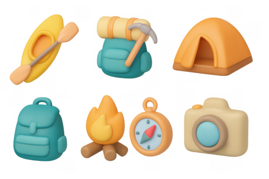 3d camping icons set: adventure gear, tent, kayak, compass, backpack, campfire