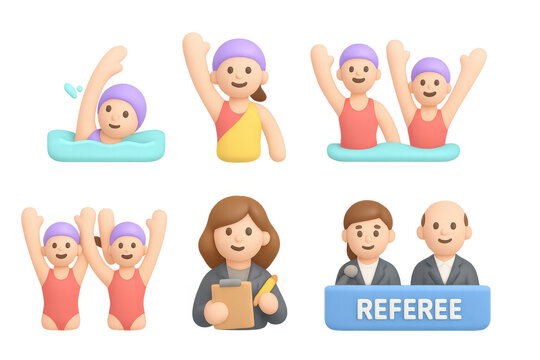3d swimming competition icons: athletes, referee, medals, water sports - Powered by Adobe
