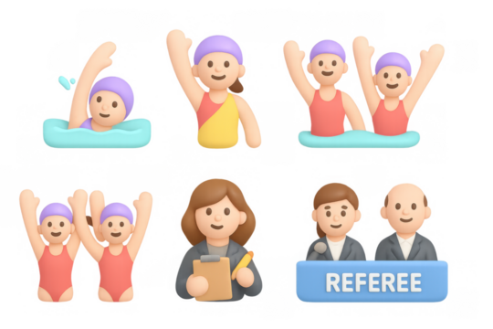 3d swimming competition icons: athletes, referee, medals, water sports