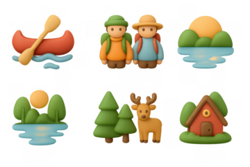 Charming 3d camping adventure scenes with canoe, hikers, forest, and wildlife elements