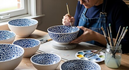 Skilled craftsperson meticulously hand-decorating ceramic bowls with intricate blue and white patterns, showcasing artistic talent and dedication to pottery design in a bright workshop