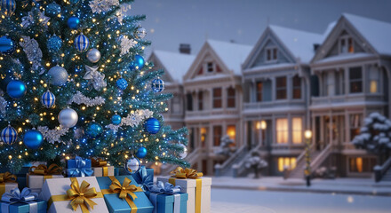 Decorated fir tree with blue ornaments, gifts under it, against Victorian style houses, evoking festive mood, celebration and expectation of Christmas