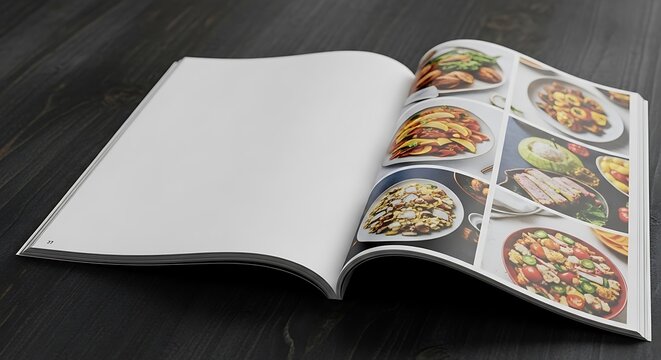 Open cookbook or recipe magazine displaying various delicious food dishes on one page with a blank page for text or design on a dark wooden table
