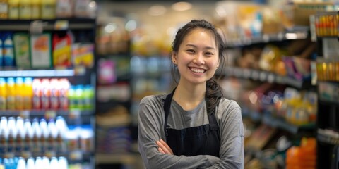 Asian cashier smiling grocery happy.