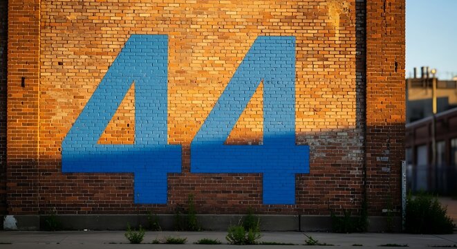 A striking display of the bold blue number 44 painted on a textured brick wall, capturing urban street art and the interplay of sunlight and shadow in a rustic architectural setting