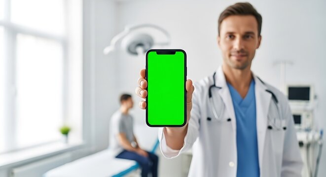 Doctor holding a smartphone with a green screen in a medical office