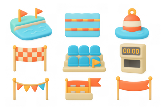 Colorful cartoon swimming pool elements for summer sports and outdoor fun