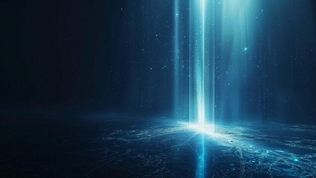 vertical stream of glowing blue light suspended in a dark futuristic space, soft luminous particles rising and falling, gentle curved light reflections around, clean cyber-tech atmosphere.