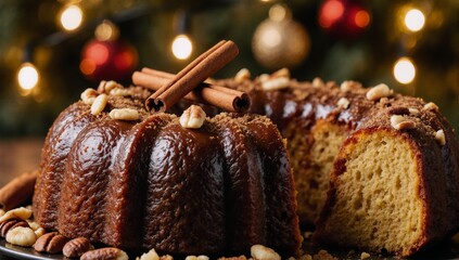 Gourmet Christmas pudding with cinnamon sticks and nuts sweet dessert