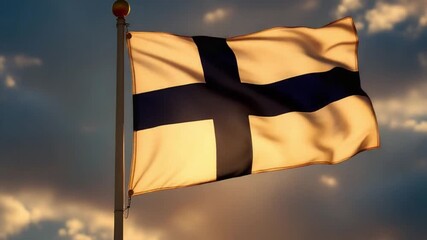 Finland's flag waving proudly in the wind against a vibrant sky representing national pride and patriotic spirit in a dynamic video sequence