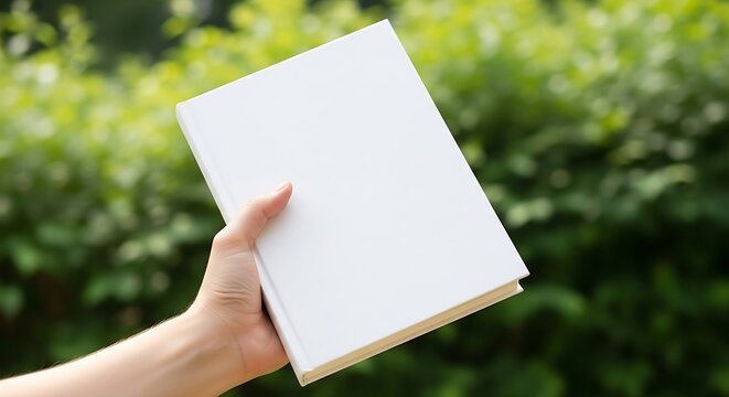 Hand holding a blank white book with an empty cover against a soft, blurred green background, perfect for custom design