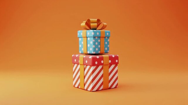 Stack of three cute cartoon gift boxes wrapped in polka dots and stripes slowly spinning and bobbing, cheerful presentation and holiday animation loop.