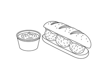 Black and white drawing of a meatball sub sandwich and a side of dipping sauce