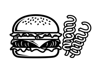 Black and white line art of a hamburger next to two spiralcut french fries