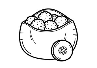 Black and white line drawing of a bag of falafel balls with a cucumber slice