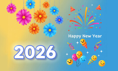 2026 Happy New Year Celebration Banner Design and Festive Decorative Elements on a Bright Blue and Yellow Background