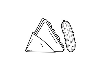 Black and white line drawing of a triangular sandwich in a paper wrapper and a whole pickle