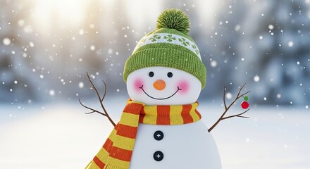 Obraz premium A Cheerful Snowman Wearing a Green Hat and Striped Scarf Enjoys a Snowy Winter Day