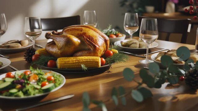 Golden Roasted Turkey Dinner Table Setting Festive Holiday Feast Celebration Meal Preparation Family Gathering Autumn Harvest Thanksgiving Celebration Warm Ambiance Cozy Atmosphere Seasonal Food