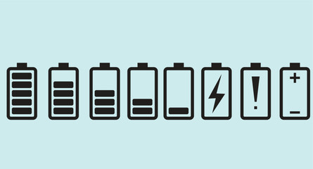 A set of battery icons showing different power levels and charge states. Ideal for device UI, mobile apps, status indicators, electronic device graphics, and energy-related illustrations.