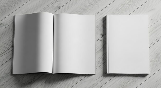 Blank open and closed white magazines or books mockup on a light wooden table, top view, ready for design presentation - Powered by Adobe