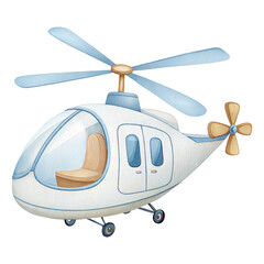 Watercolor helicopter illustration, soft blue aircraft with detailed rotors and cabin design