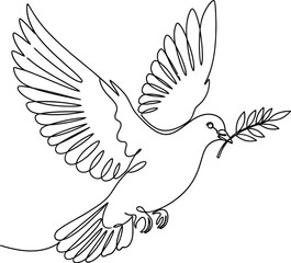 Dove in flight carrying an olive branch in a single line drawing illustration