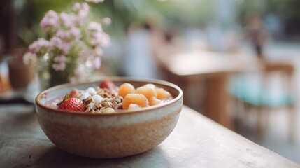 Bowl of fruit and granola on a wooden table. the bowl is made of a light-colored material and has a smooth texture.