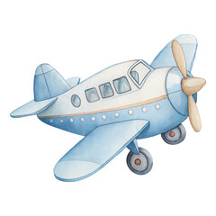 Vintage watercolor propeller airplane with soft blue accents and detailed cabin windows