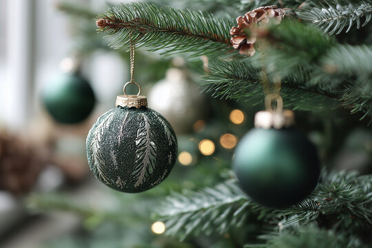 Weihnachtskugeln und Christbaumdeko in gr&uuml;nen und goldenen Farbt&ouml;nen