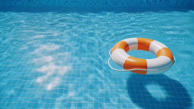 Lifebuoy floating in clear blue swimming pool water with tiled bottom and sun reflections life ring safety ring