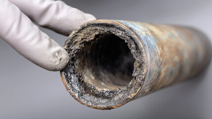 Close-up of a clogged plastic drain pipe held by a gloved hand, with a finger pointing to heavy buildup inside. Concept of blocked drain, limescale/grease deposits, plumbing problem, home maintenance.