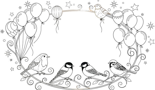 Hand drawn birds and balloons frame illustration for greeting cards or invitations