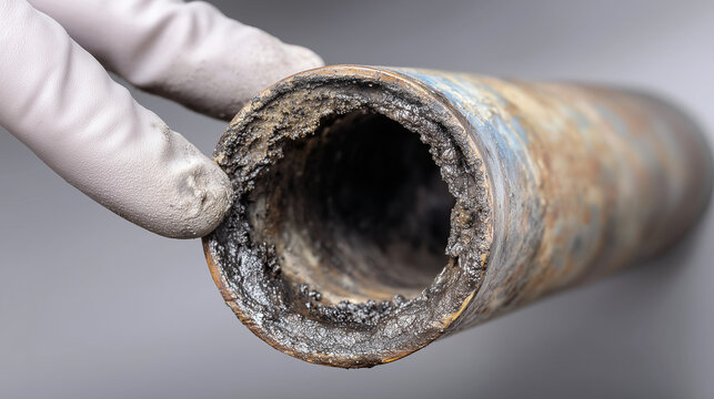 Close-up of a clogged plastic drain pipe held by a gloved hand, with a finger pointing to heavy buildup inside. Concept of blocked drain, limescale/grease deposits, plumbing problem, home maintenance.