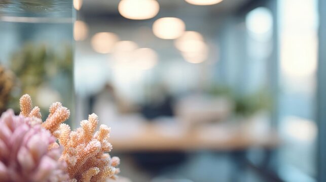 Close-up of a coral reef in an aquarium. the coral is a pale pink color and appears to be healthy and well-maintained.