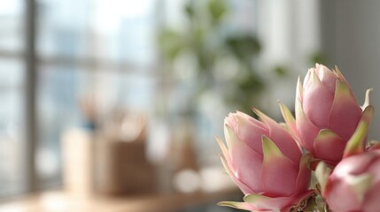 Close-up of a bunch of pink dragon fruit flowers. the flowers are in full bloom, with their petals open wide and their vibrant pink color standing out against the blurred background.