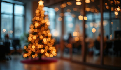 Abstract blurred bokeh background of Festive Christmas tree in office