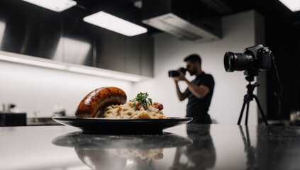 Food photographer captures a plate of sausage and side dish in photography studio with blurred background