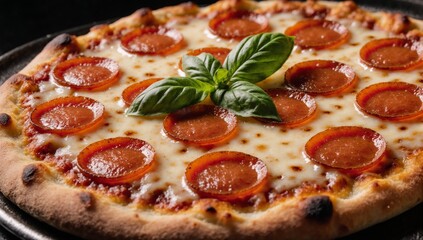 Freshly baked pepperoni pizza with melted cheese and fresh basil embodying the essence of comfort food